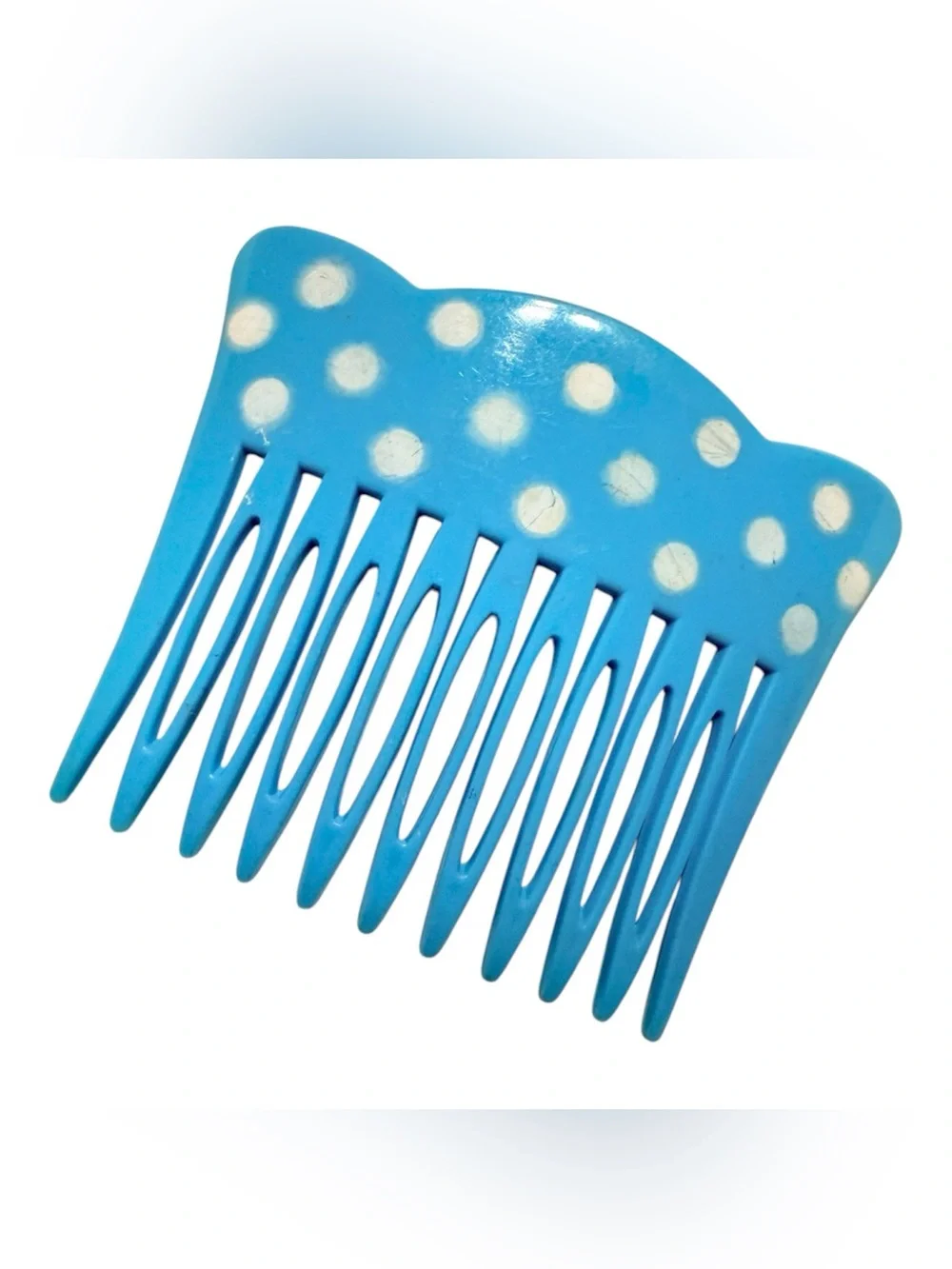 1960’s French Blue & White Polka Dot Scalloped Hair Comb, Paris Made, Deadstock